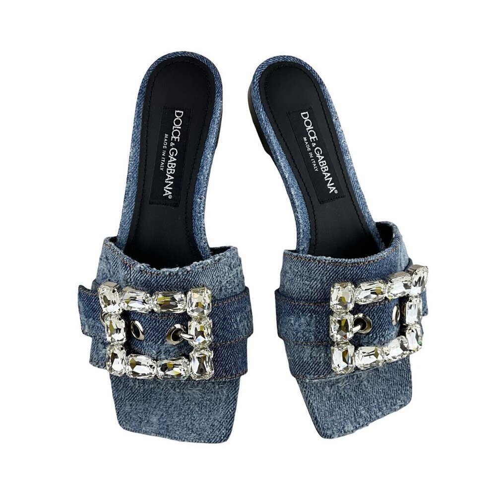 Dolce & Gabbana Women's Denim Patchwork Slides Flat Sandals Blue Sz 8